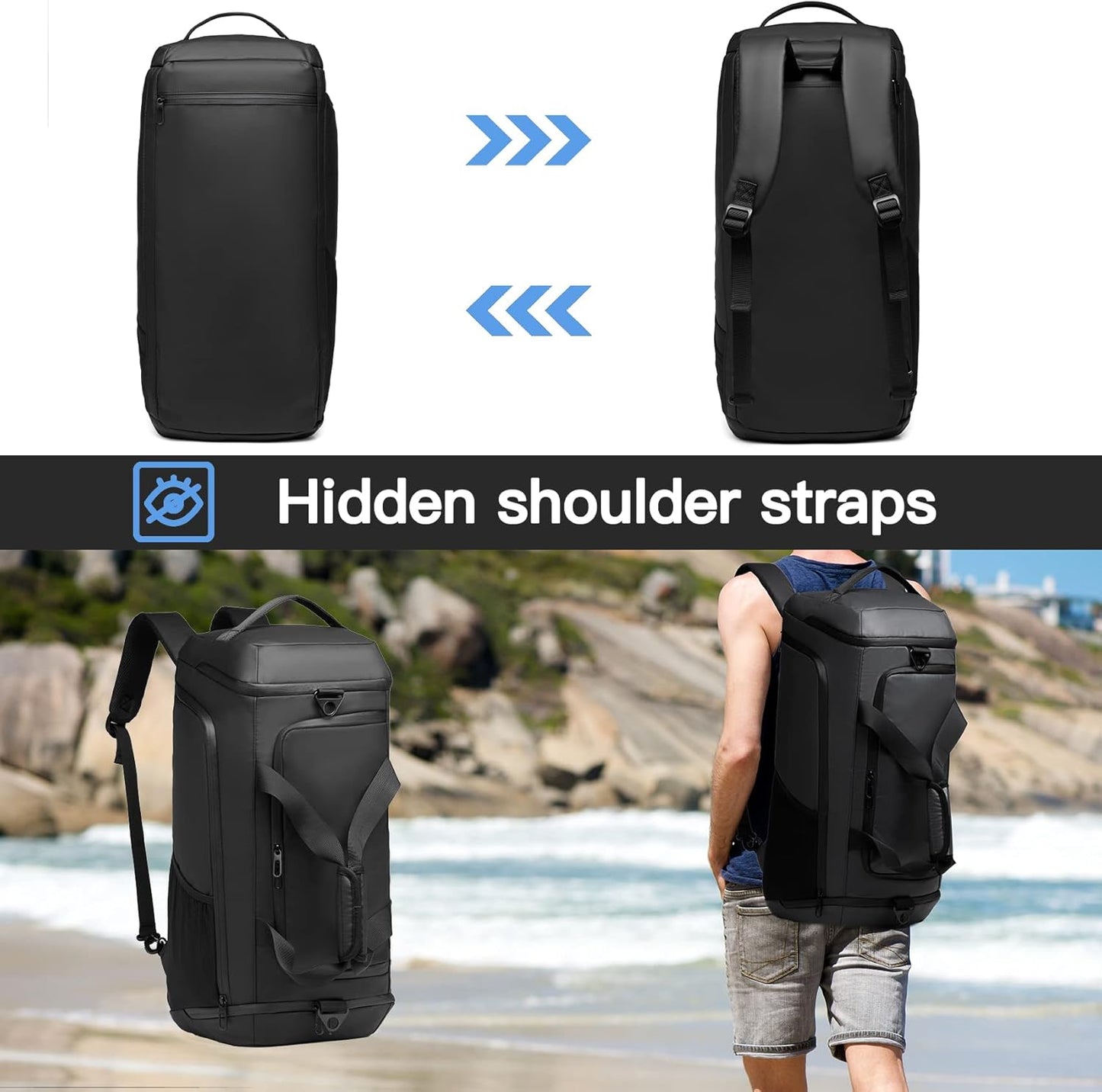 Gym bag for Men with Shoes Compartment - 40L Duffle Bag for Travel with Wet Pocket,3 in 1 Waterproof Sports Bags and Gym Backpack with Water Bottle Holder, Black, Fashion business weekender Overnight