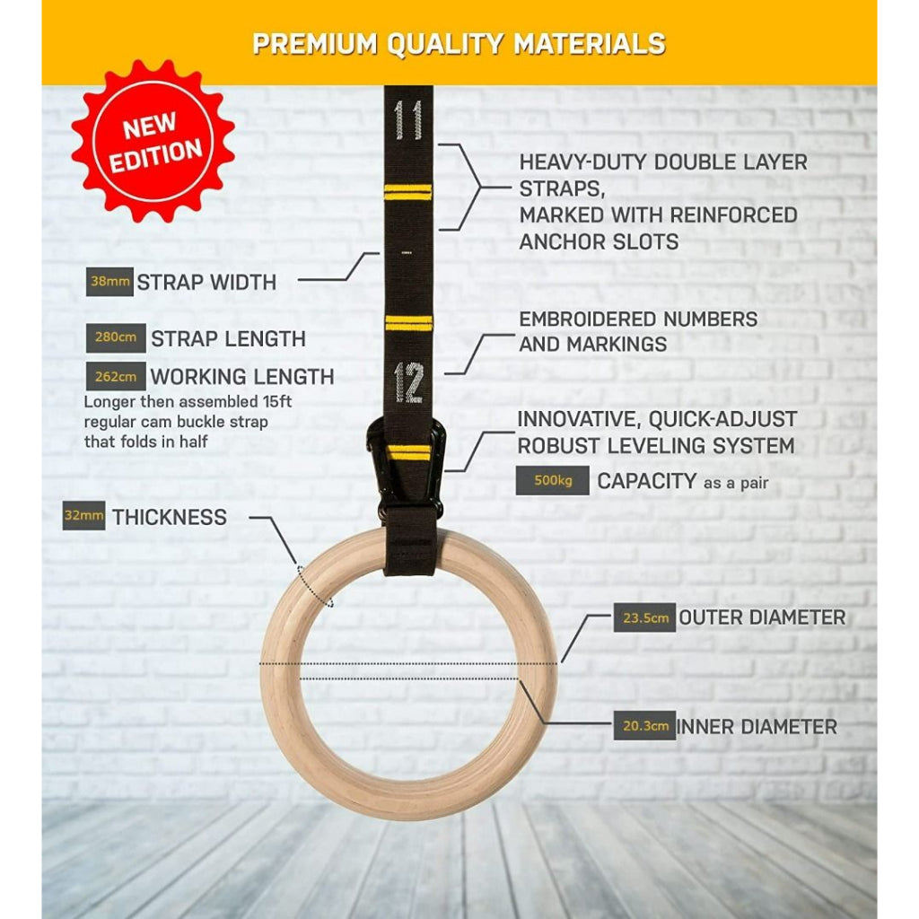 MMB Kara Quick Adjust Numbered Straps for Gymnastic Rings - Carabiner System Full Body Workout, Calisthenics, and Home Gym