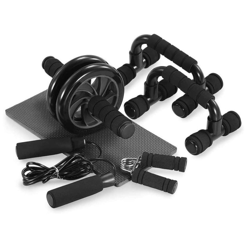 5-in-1 AB Wheel Roller Kit with Push-Up Bar, Knee Mat, Jump Rope and Hand Gripper - Home Gym Workout for Men Women Core Strength & Abdominal Exercise