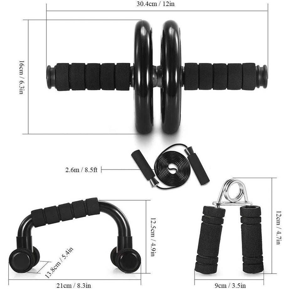 5-in-1 AB Wheel Roller Kit with Push-Up Bar, Knee Mat, Jump Rope and Hand Gripper - Home Gym Workout for Men Women Core Strength & Abdominal Exercise