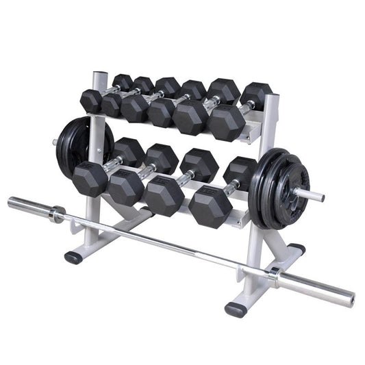 Pedon 2-TIER DUMBBELL RACK WITH SIDE WEIGHT PLATE STORAGE & BARBELL STORAGE