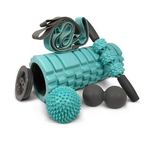 5 in 1 Foam Roller Set Includes Hollow Core Massage Roller with End Caps, Muscle Roller Stick, Stretching Strap, Double Lacrosse Peanut, Spikey Plantar Fasciitis Ball
