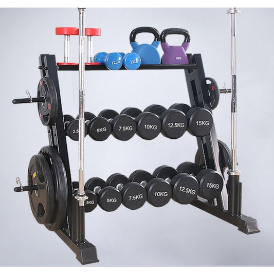 3 Tier Multi-Storage Dumbbell Rack Home Gym Fitness Workout Dumbbells Olympic Barbell Rack Crossfit Hexagon Dumbell Rack Rubber Bumper Weight Rack Kettlebell Rack