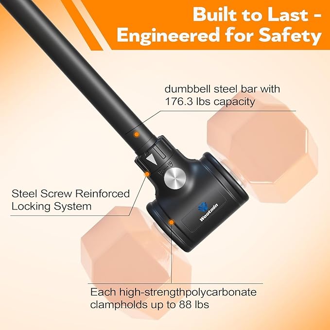 Dumbbell Converter, Transform Dumbbells to Barbell Bar,Adjustable & Up to 176 lb, Anti-Slip Grip & Secure Fit, Dumbbell Barbell Converter Bar Set for Home Gym, Compatible with Most Dumbbells