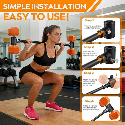 Dumbbell Converter, Transform Dumbbells to Barbell Bar,Adjustable & Up to 176 lb, Anti-Slip Grip & Secure Fit, Dumbbell Barbell Converter Bar Set for Home Gym, Compatible with Most Dumbbells
