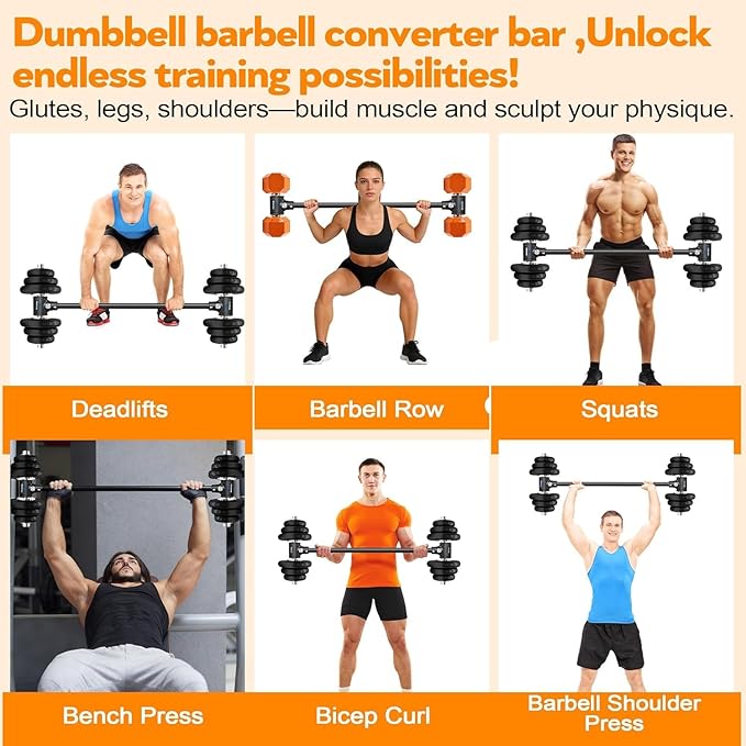 Dumbbell Converter, Transform Dumbbells to Barbell Bar,Adjustable & Up to 176 lb, Anti-Slip Grip & Secure Fit, Dumbbell Barbell Converter Bar Set for Home Gym, Compatible with Most Dumbbells