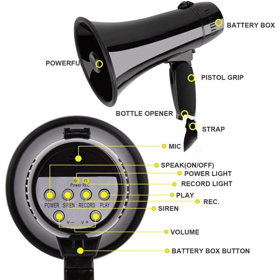 Portable Megaphone Bullhorn 20 Watt Power Megaphone Speaker Voice and Siren/Alarm Modes with Volume Control and Strap (Black) Loudspeaker