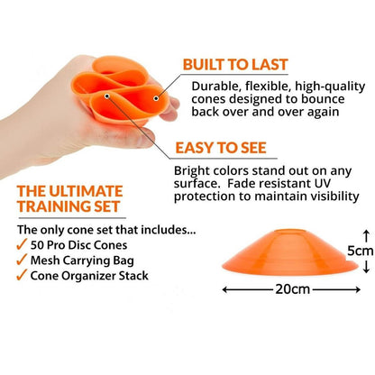 Pro Disc Cones (Set of 50) - Agility Soccer Cones with Carry Bag and Holder for Sports Training, Football, Basketball, Coaching, Practice Equipment, Kids