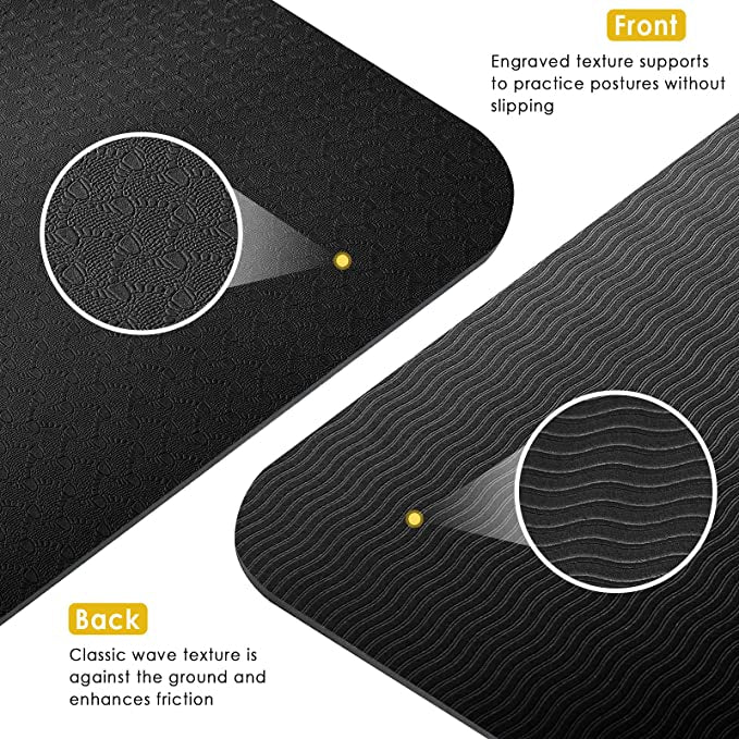 TPE瑜伽垫，防滑运动垫，适用于瑜伽、普拉提和其他运动，加宽尺寸183厘米 x 61厘米，厚度6毫米（1/4英寸），带背带