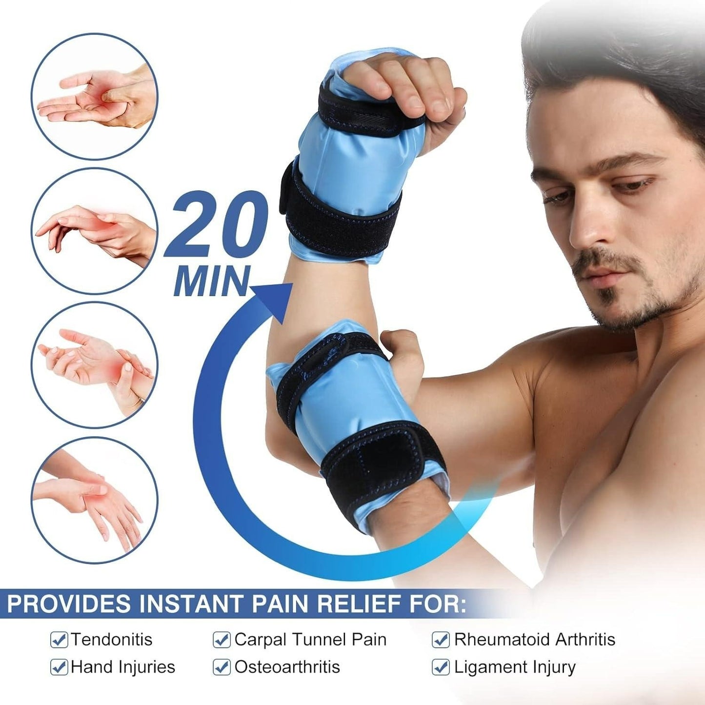 Wrist Ice Pack Wraps for Carpal Tunnel Relief (2-Piece Set) Reusable Gel Ice Packs for Hand Injuries Rheumatoid Tendinitis and Swelling Blue-pack 2