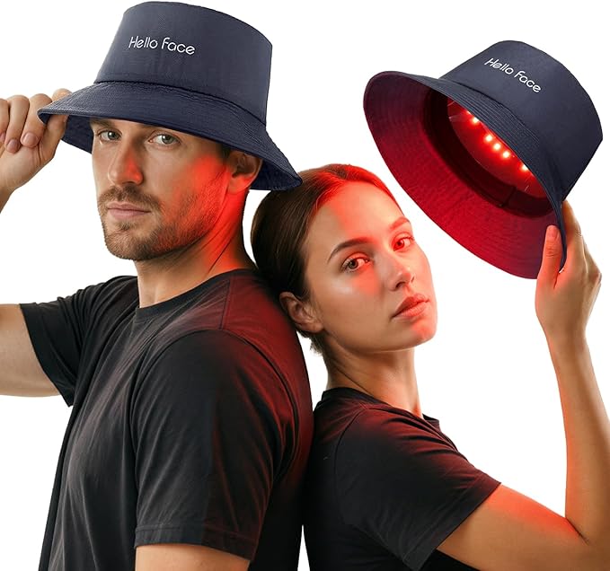Hello Face Red Light Therapy Hair Growth Cap, 336 Chips 660nm & 850nm Near Infrared, Discreet Fisherman Hat Design Fits Up to 62cm, Professional Red Light Therapy for Full Scalp Coverage